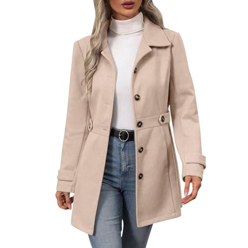 RRMuAzgs Trench Coat Women Petite Women's Wool Blend Pea Coat Single Breasted Notch Lapel Trench Coat Mid Length Fall Winter Jacket Dressy Outerwear Beige S