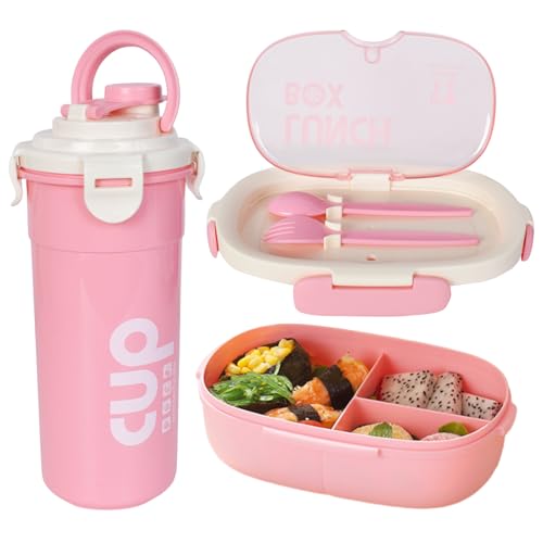 DecorDwell Fiambrera, 850ml Bento Box con Taza Agua 480ml, 3 Compartimentos y Cubiertos, Lunch Box Caja Bento a Prueba de Fugas para Microondas y Lavavajillas, Rosa