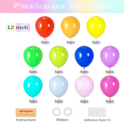 Image of Voircoloria Balloons, 66pack 12inch Assorted Color Rainbow Latex Party Balloons for Wedding, Birthday, Graduation, Bridal Shower, Baby Shower, Gender Reveal, Anniversary Party Decorations