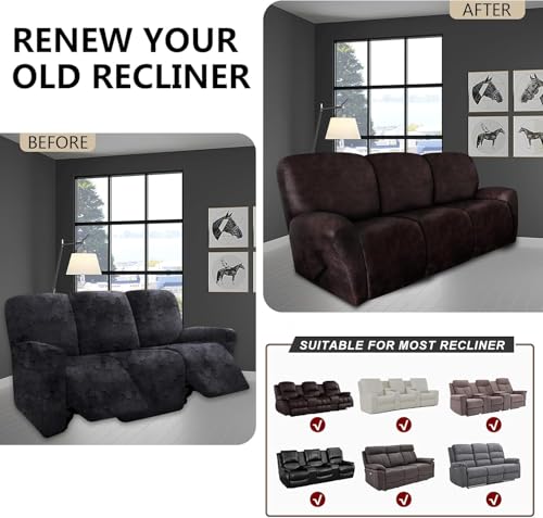 Image of molasofa Recliner Sofa Covers - 8 Pieces Stretch Leather Like Large Couch Covers for 3 Seats Reclining Slipcovers (Chocolate)