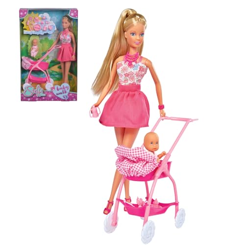 Image of Steffi Love Doll Set| Steffi Love Baby Walk Toy| Steffi with Baby & Stroll| Set of 15+ Baby Essentials| Pretend Play Set| Ideal Gift for Girls Age 3+ (Pink)
