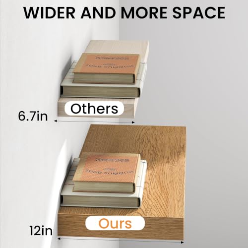 Image of Fun Memories 12 Inch Deep Oak Floating Shelf, 24 x 12 Rustic Wood Wall Shelf for Books, 2 inch Thick Deep Floating Shelf for Storage & Display in Kitchen, Living Room, Bedroom, 2 Packs