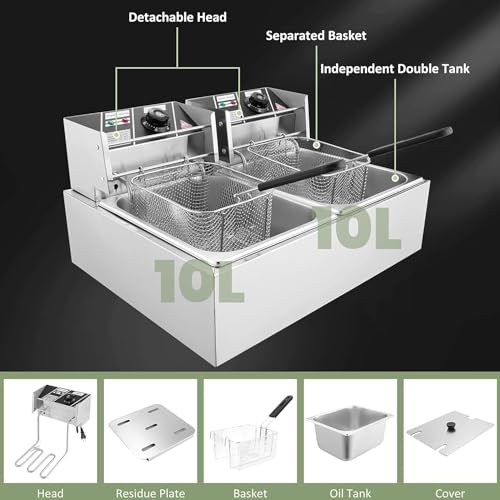 Kommerzielle Fritteuse, kommerzielle elektrische Fritteuse mit Korb und Deckel, 5000 W, Edelstahl, 2 x 10 l (10,5 QT), Doppeltank-Tischfritteuse für den privaten und gewerblichen Gebrauch, schnelle – Bild 5