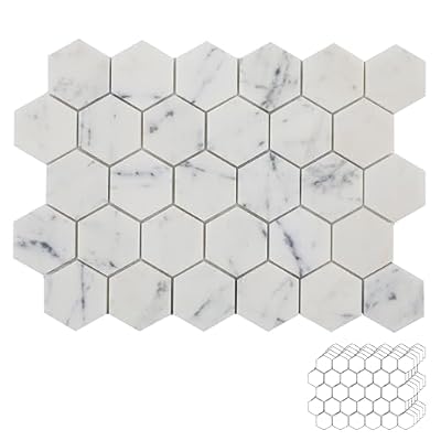 Lovdeco Contempo Blue Marble Stone 2 Inch Hexagon White Marble Mosaic Tile for Kitchen Wall Bathroom Shower Floor (5 Sheet, Honed)