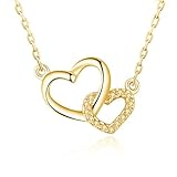 MALOYANVE Tiny Double Heart Necklace Dainty Cute Small Sterling Silver Cubic Zirconia Two Love Pendant Necklace Love Jewelry for women (Gold)