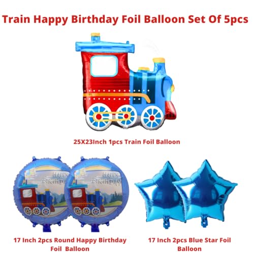 Image of Party Decorz Train Happy Birthday Foil Balloon Set Of 5pcs(1pcs Train Balloon+ 2pcs Star Balloon +2pcs Happy Birthday Balloon) For Vehicles /Transportation /Construction Theme