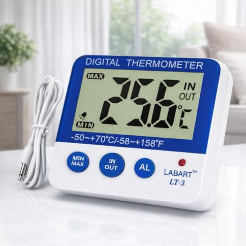 Image of LABART Fridge Freezer Thermometer Max /Min Memory High & Low Temperature Alarms Settings with LED Indicator Digital Refrigeration Thermometer with Magnetic, Stander, Pack Of 1