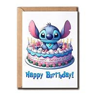 MacSplendid Stitch-Inspired Birthday Card - Funny Blue Alien In Birthday Cake - Happy Birthday Greeting For Kids Or Fans - Great Card For Family And Friend