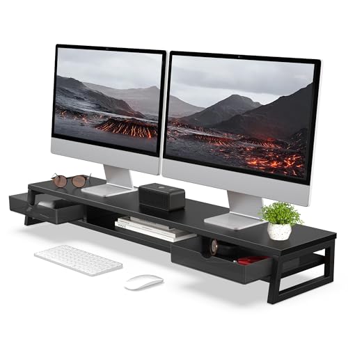 Image of Fenge Dual Monitor Stand, Monitor Riser with Drawer, 42.5 Inch Large Computer Monitor Stand for 2 Monitors, 2 Tier Wooden Desk Shelf for Top of Desk
