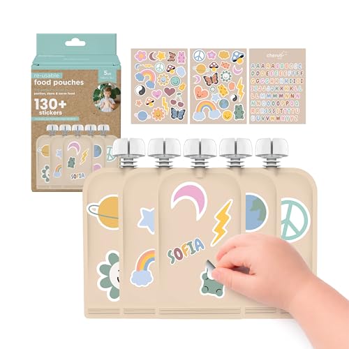 Cherub Baby Reusable Food Pouches 5-Pack (150ml) | Make Mealtime Fun with 130+ Custom Stickers | Mess-Free BPA-Free Squeeze Bags for Toddler Snacks Yoghurt & Smoothies | RetroRainbow