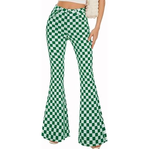 Odefou Women's High Waisted Green Plaid Jeans Cover
