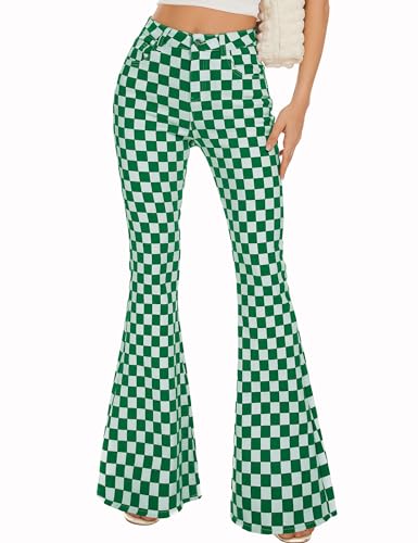 Odefou Checkered Flare Jeans for Women High Waisted Bell Bottoms Stretch Bootcut Plaid Pants St Patricks Gifts(Green White Plaid,4)