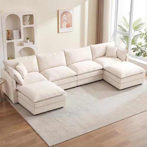 Image of 106.3 inch U Shaped Modular Sectional Sofa, Comfy Upholstery Chenille Cloud Couch with Ottoman, Modern 4-Seat Deep Seat Sofa with Pillow for Living Room, Bedroom, Apartment, Beige White