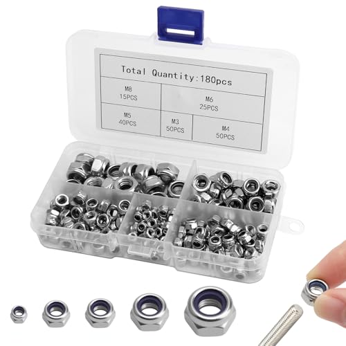 VOSSOT Juego de 180 Tuercas Hexagonales, M3 M4 M5 M6 M8 Kit de Surtido de la Tuercas de Bloqueo de Nylon, Tuerca Hexagonales para Pernos de Tornillo Tuercas Hexagonales Pequeñas Rosca Gruesa
