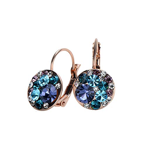UPSERA Rose Gold Plated Crystals from Swarovski Multicolored Blue Leverback Dangle Hoop Earrings