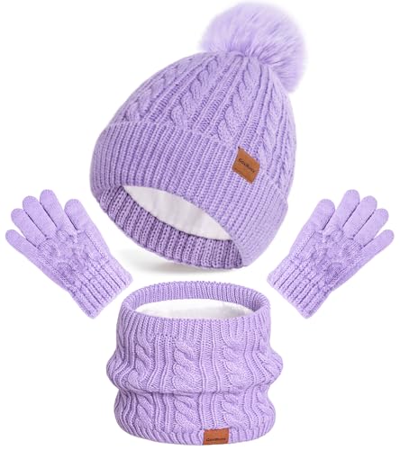 3 Pcs Kids Winter Hat Gloves Scarf Set Toddler Knitted Beanie Hat Neck Warmer Mittens Fleece Lined Set for Boys and Girls (Purple 2-8 Years)