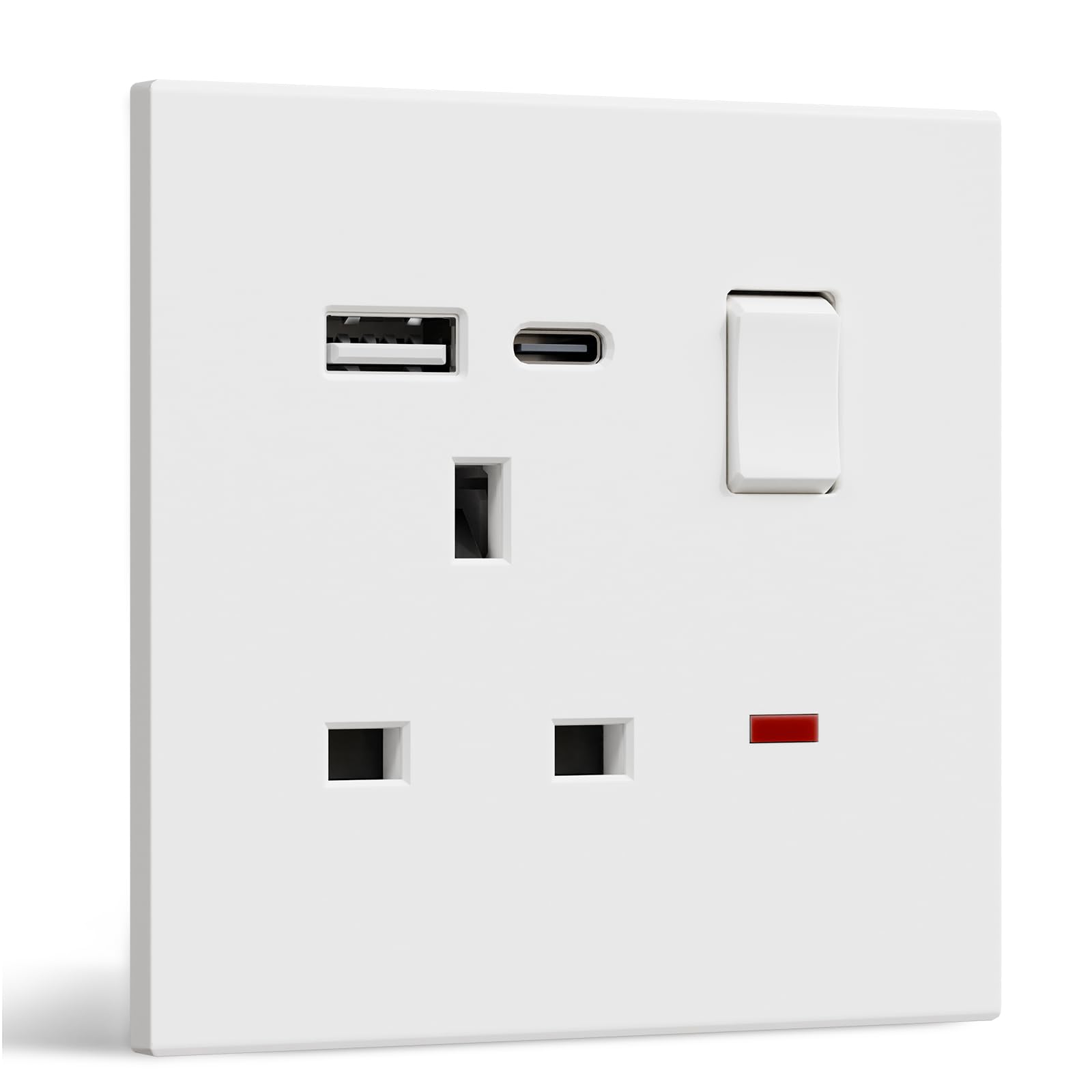 BSEED Single Socket with USB C, Electrical Single Switched Power Plug Wall Socket with LED Indicator, PC Wall Plate Outlet, White, 13A