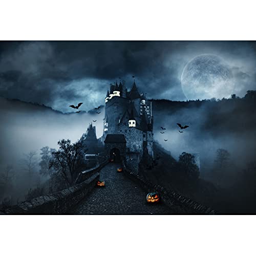 ZTHMOE Halloween Fotohintergrund Stoff – 2,1 X 1,5 M, Mit Gruseligem Vollmond, Kürbissen & Fledermäusen