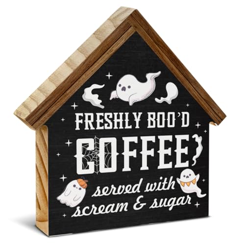 Halloween Coffee Bar Decor, Freshly Boo'd Coffee House Shaped Wood...