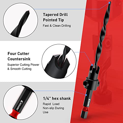 Ezarc Wood Countersink Drill Bit Set, 4, 6, 8, 10 Tapered Drill Bits, With 1/4" Hex Shank, Counter Sinker Set For Woodworking And Carpentry #TOP3