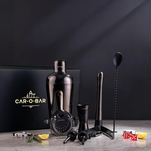 Image of Car-O-Bar Bar Set with Glasses Gift Set | 12 Pieces Bartender Kit:Cocktail Shaker, Bar Spoon, Jigger, Muddler, Strainer, Wine & Beer Bottle Opener, 2 Pour Spouts, Tong, Set of 2 Whiskey Glasses