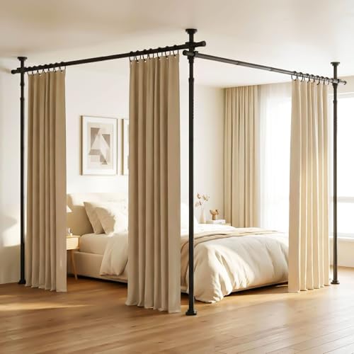 Fazlino Room Divider No Drilling 28-140 Inch Wide Adjustable Curtain Rod 4-10ft Height Heavy Duty Partition Space Separator Freestanding Tension Rod for Room Separation Black
