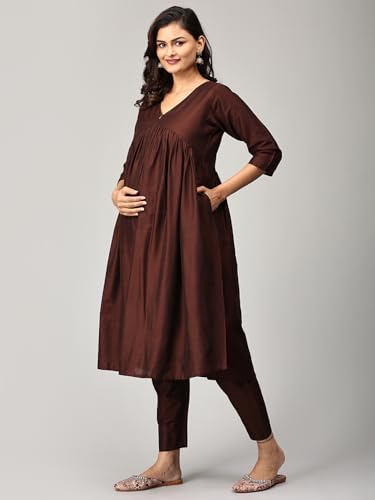 Image of The Mom Store Women's Raw Silk Maternity and Nursing Kurta Set | Front Zipper for Easy Feeding Pre and Post Pregnancy