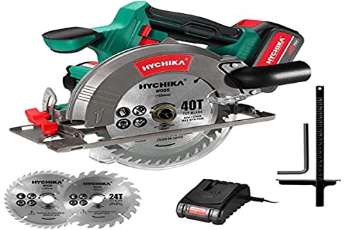Sierra Circular a Batería 18V, HYCHIKA 4000RPM, 4.0Ah Batería 18V, Profundidad de corte 53 mm (90°) y 36mm (45°), 2Hojas (40T & 24T), Motor de Cobre Puro, Ideal para Azulejos, Metal Blandoy Madera