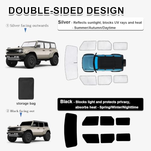 Image of KMF Thicken Sun Shades for Ford Bronco 4Door(Not for Sport) 2021-2026 | Car Window Covers Sunshade for Windshield Side, UV Block and Privacy Blackout for Camping Outdoor Accessories