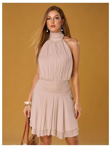 Image of Floerns Women's Summer Mini Dress Sleeveless Halter Backless Ruched Date Night Layered A Line Dresses