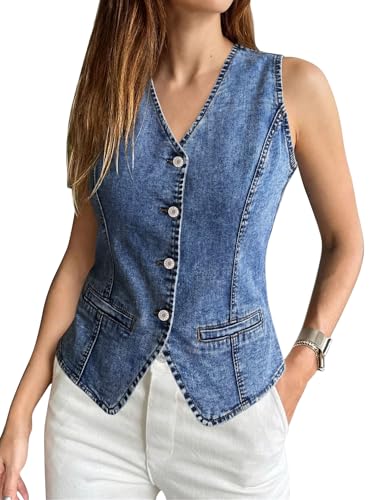 SANMM Denim Vest For Women Summer Sleeveless Strechy Western Button Down Jean Vest V Neck Top Snowdarkblue Small