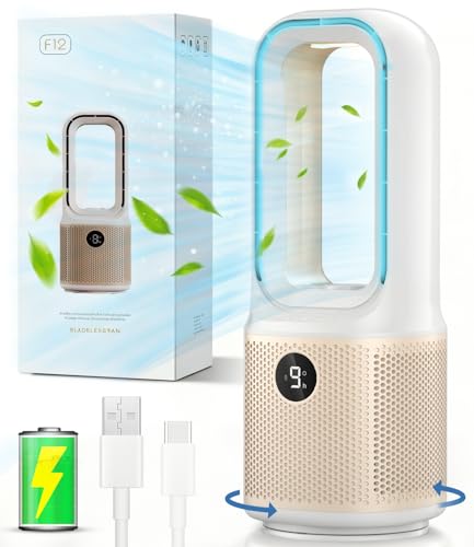 Small Bladeless Desk Fan Quiet, 14 Inch USB Rechargeable Table Fan with 5000mAh Battery, 60°...