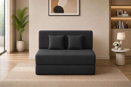 Image of Los Angeles Foldable Two Seater Sofa Cum Bed, Sofa Bed 4 X 6 Ft, Jute Fabric Washable Cover Including Two Cushion Perfect for Living Room & Office Guest Room - Black Color