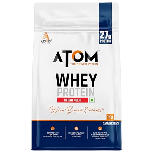 Image of AS-IT-IS ATOM Whey Protein 1kg | 27g protein | Isolate & Concentrate | Kesar Kulfi | USA Labdoor Certified | With Digestive Enzymes for better absorption