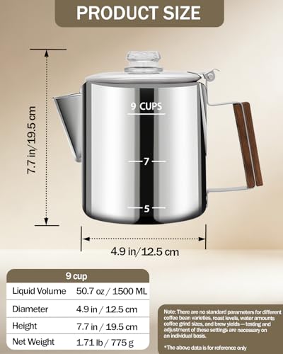 Image of Coffee Maker Coffee Percolator 304 Stainless Steel Pot Stovetop Easy Brewing Even Heating 9 Cup 50.7oz 1500ml Silver Classic Design Heat Resistant Home Camping Outdoor