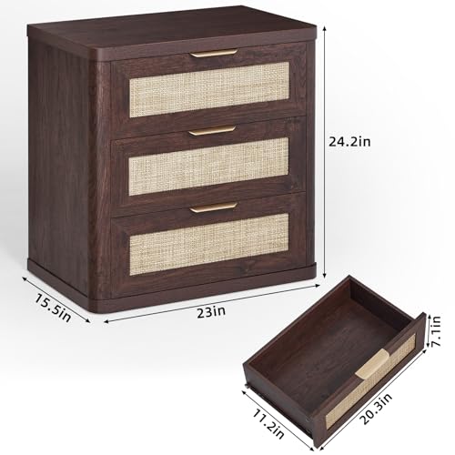Image of LEYAOYAO Rattan Night Stand Set of 2 with Drawers, 23 inch Large 3 Drawer Boho Nightstand, Walnut Bedside Table Storage Cabinet, Bed Side End Tables Dresser for Bedroom, Living Room, Hallway, Closet