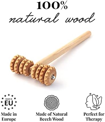 Tuuli Accessories Masażer antycellulitowy, wałek do masażu z uchwytem, wałek do maderoterapii w kształcie litery T, z drewna, 37 x 13 cm