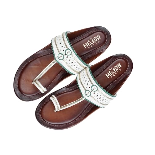 Image of Women's Kolhapuri Sandals - Handcrafted Leather Flats Chappals with Toe Ring, Comfortable Slip-On Ethnic Footwear with Embroidery & TPR Leather Sole