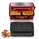 Picture of HOUSNAT Sandwich Maker, 3 in 1 Waffle Maker with Removable Plates, 1200W Panini Press with Interchangeable Non-Stick Plates, Indicator Lights, 5-gear Temperature Control (Red)