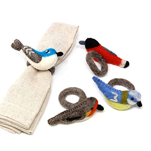 Global Crafts Handmade Felt Napkin Rings Set from Nepal, 4-Pack, Birds