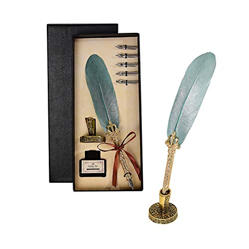 H HOMEWINS Kit Calligraphie Stylo Dip à Plume Stylo de Calligraphie Antique à Écrire avec Encre Support Écriture Trempé à la Main avec 5 Points de Rechange(Vert foncé ) Cover