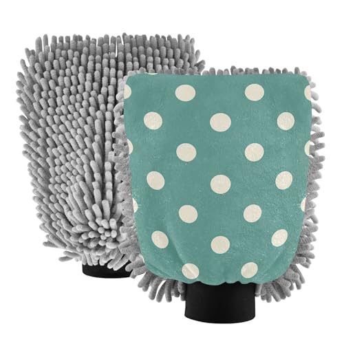 ZRWLUCKY Autowaschhandschuhe, Mikrofaser, kratzfrei, für Autowäsche, Blaugrün mit Punkten