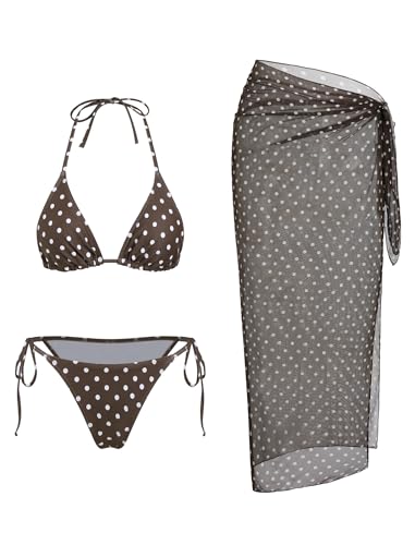 Image of ZAFUL Women's 3 Piece Swimsuit Floral Halter Triangle String Bikini Tie Side Bottom with Boho Cover Up Skirt