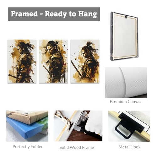 Image of CCWACPP 3 Piece Samurai Wall Art Japan Painting Canvas Print Warrior Figure Pictures Bushido Posters Japanese Culture Theme Artwork Home Room Decor Framed (B, (16 inchx24 inchx3))