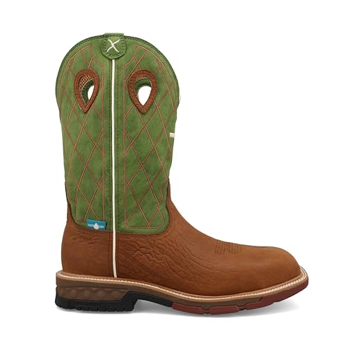 Image of Twisted X Men's 12 inch Western Work Boot, Square Toe Nano Toe with CellStretch, Caramel Cafe & Green, 14 D