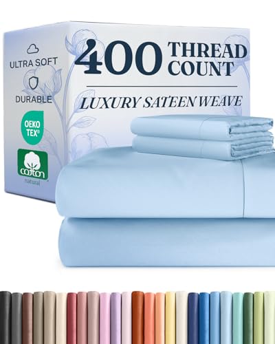 Queen Sheet Set - 100% Cotton Sheets - 4 Piece Queen Size Cotton Bed Set with Deep Pockets up to 16 Inches - Ultra Soft, Breathable & Cooling - Fade and Stain Resistant - Machine Washable - Light Blue