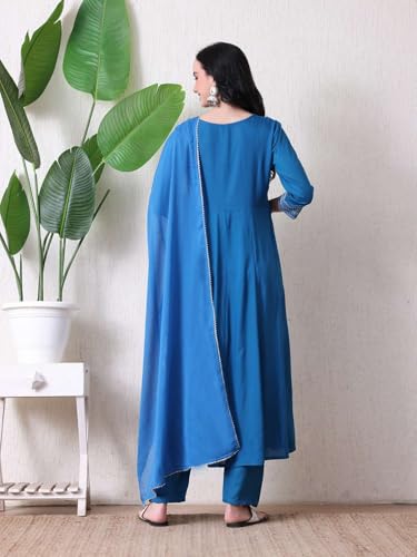 Image of Amazon Brand - Tavasya Women Rayon Straight Kurta Pant Dupatta Set | Embroidered Ethnic Suit Set | Regular Fit Kurta with Pant & Dupatta