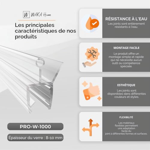 WAKA Premium PRO-W Porte Douche et Lèvre Douche Joint de Douche Optiquement Transparent Joint de Porte en Verre 8-10mm 100cm pour Cabine de Douche et Porte de Douche Compatible avec – vue 3