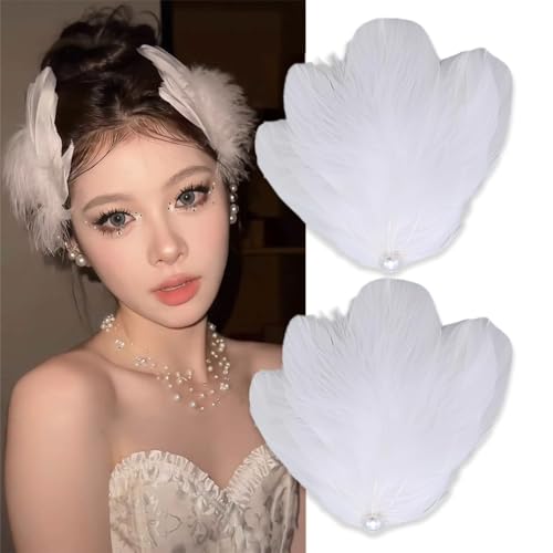 White Feather Hair Clip Ballet Style Pearl Ostrich White Swan Fea...