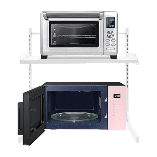 MEHOOSPVN Étagère extensible pour micro-ondes avec 4 crochets, 2 niveaux, hauteur réglable de 27 à 52 cm, support pour micro-ondes, boulangerie, organisateur pour plans de travail de cuisine, blanc